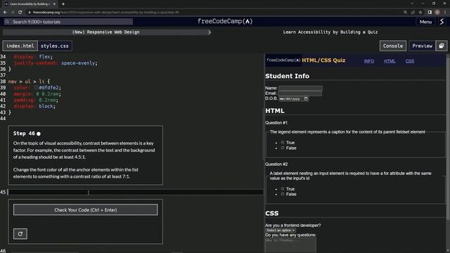 learn2code | freeCodeCamp (New) Responsive Web Design  -  Building a Quiz: Step 46