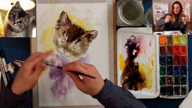 Котёнок С Бантом акварелью. Полный урок. смотреть онлайн