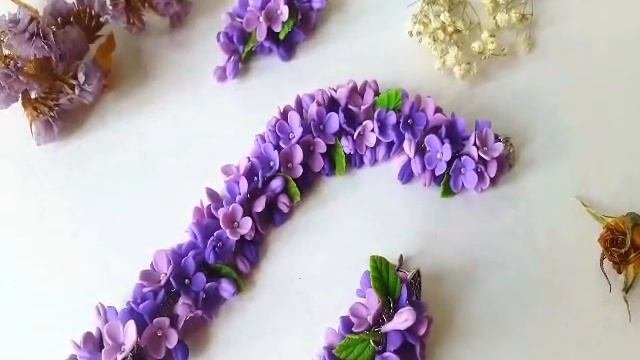 Браслет и серьги с сиренью из полимерной глины. Сирень