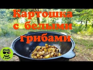 Жареная картошка с белыми грибами в казане на костре.