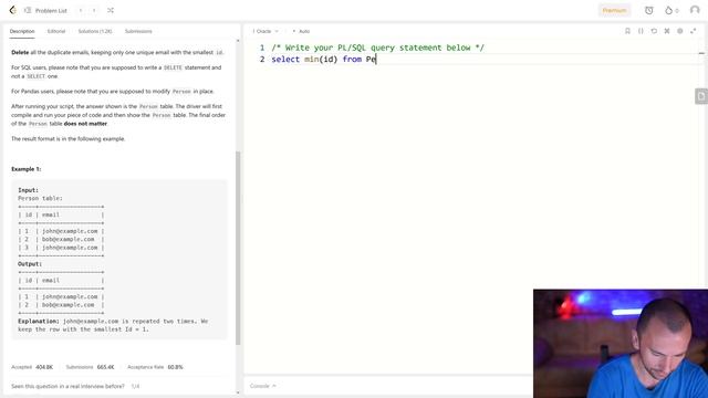 Решение задачи «196. Delete Duplicate Emails» на SQL с сайта leetcode.com смотреть онлайн