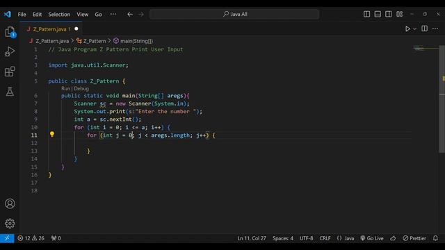 Java Program Z Pattern Print User Input For Visual Studio Code (VS Code) #coding