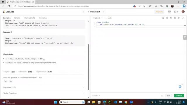 Leetcode # 28. Find the Index of the First Occurrence in a String (Python) смотреть онлайн