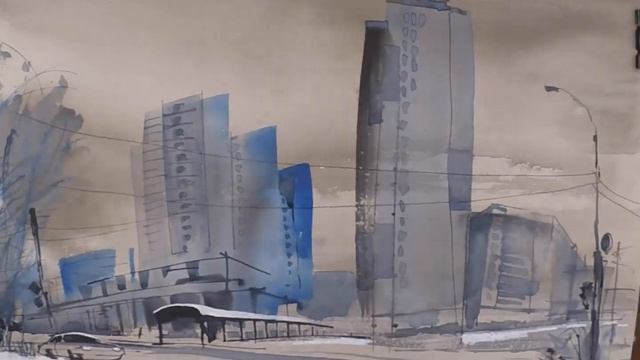 Новосибирск Зимний этюд Акварель Белила UrbanSketch Watercolor смотреть онлайн