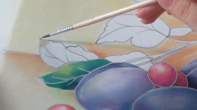Роспись шелка. Холодный батик мастер класс "Натюрморт с вишнями и сливами" Как раскрасить листья