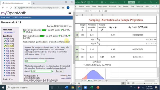 Statistics with Excel: Sampling distribution of sample proportion