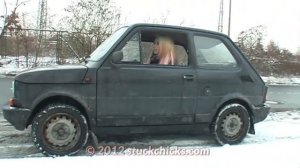 FIAT 126 CAR STUCK snow | Shiny High Vinyl Boots Latex wheels wheeling