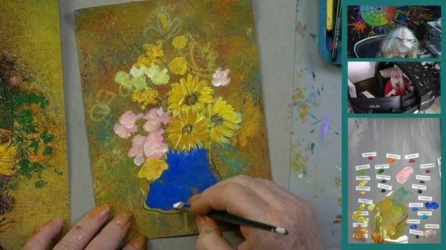 Wild Flowers and Sunflowers in a Blue Vase an Acrylic Tutorial  Ginger Cook