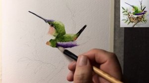 Watercolor hummingbird in nest paint along tutorial demo