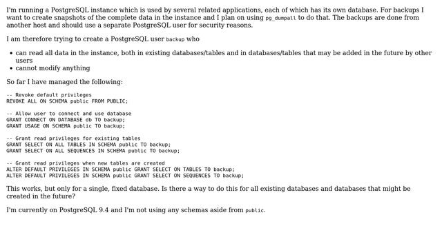 Databases: PostgreSQL read-only user for pg_dumpall смотреть онлайн