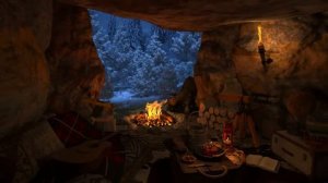 Сон в уютной зимней пещере, Зимняя атмосфера со звуками снегопада и костра