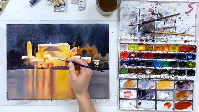 Рисунок. Акварель. Архитектура. Ночной город-2