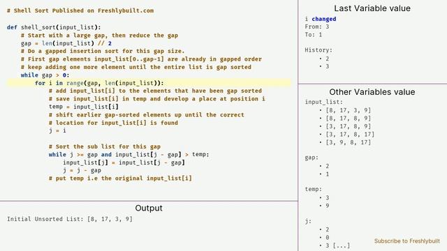 Shell Sort in Python animated short video with Flow Chart and added blog