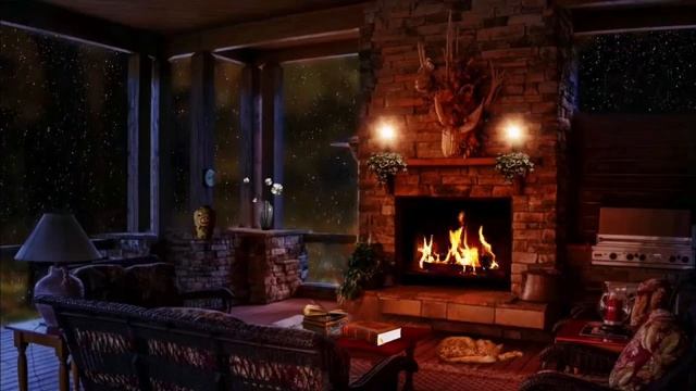 Cozy Rainy Night - Rain Fireplace Cat Relaxing Music