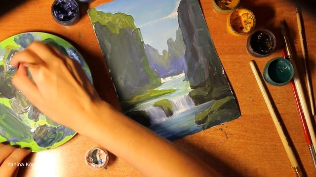 Рисуем пейзаж гуашью.Джунгли.Рисуем водопад