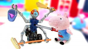 Свинка Пеппа, Джордж и роботы игрушки. Робот залез в воду и сломался. Видео для детей