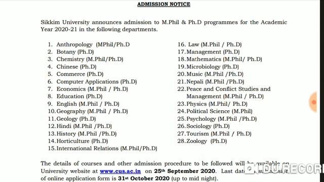 SIKKIM UNIVERSITY ADMISSION 2020-21 |M.phil & PhD Admission Notice | Apply Process link Etc .