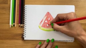 Рисунок цветными карандашами "Ломтик арбуза" | Поэтапная срисовка для начинающих