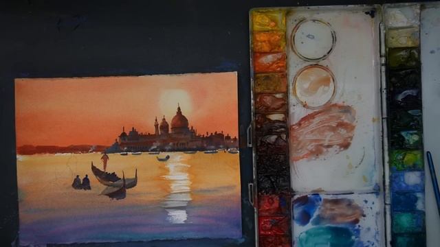 Watercolor painting tutorial landscape Venice Sunset смотреть онлайн