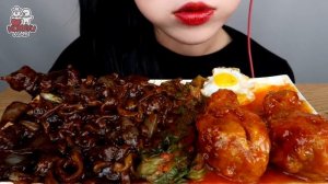 ASMR BLACK BEAN NOODLES, SPICY CHICKEN, KIMCHI (RECIPE) NO TALKING EATING & COOKING SOUNDS MUKBANG