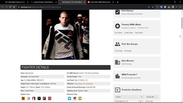 UFC Fight Night : Алекс Мороно - Хоакин Бакли прогноз смотреть онлайн