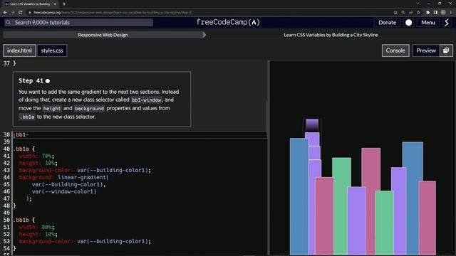 Learn CSS | FreeCodeCamp Learn CSS Variables by Building a City Skyline - Step 41