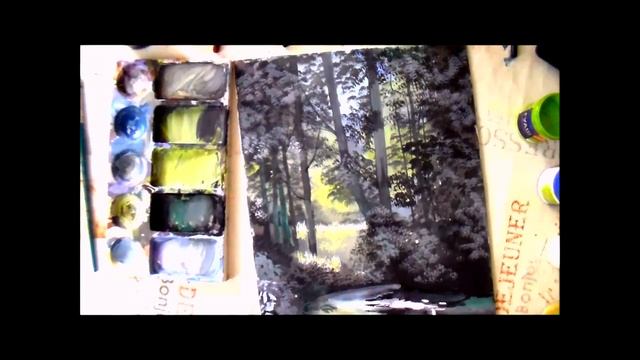 Как нарисовать лесной пейзаж гуашью с озером/Как рисовать реалистичные пейзажи в классическом стиле