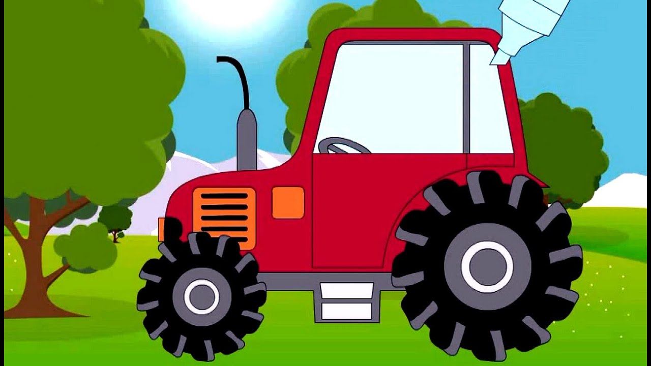 Видео про трактор для детей. Цветная раскраска красный трактор.