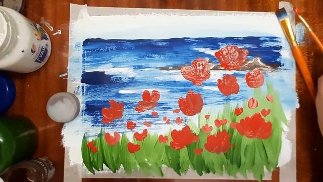 Рисуем морской пейзаж гуашью. Как нарисовать маки на море. Правополушарное рисование.