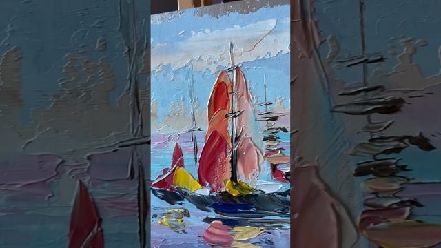 Sailboat Painting Regatta Original Art France Painting Italy Seascape Silver Leaf Golden