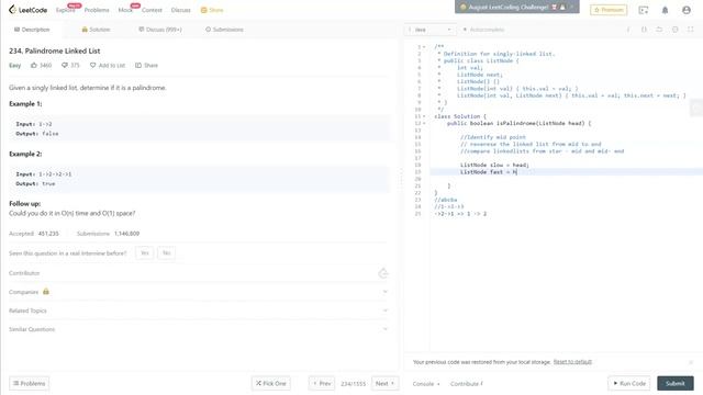 Palindrome Linked List | Algorithm + code explained | Java solution | Leet code 234 смотреть онлайн