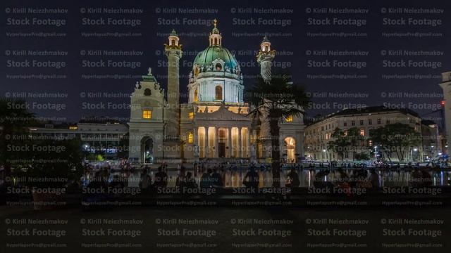 Karlskirche on the Karlsplatz square night timelapse hyperlapse in Vienna, Austria. смотреть онлайн