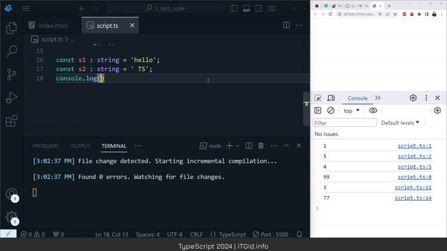 TypeScript: первая программа, компиляция ts в js, типы данных: number, string, boolean