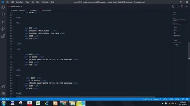 Resume Using HTML | Visual studio Code |