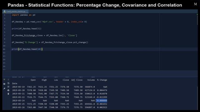Python Tutorial: Learn Statistical in Pandas-Percentage Change, Covariance, Correlation in 7 Minute