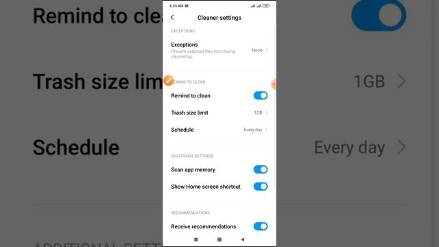 Trash size limit 100 and 300 and 500 MB reminder on Xiaomi setting