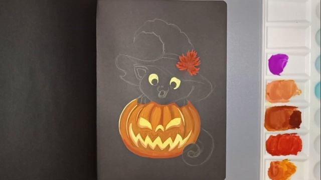 ЗЛОВЕЩАЯ ТЫКВА НА ЧЕРНОЙ БУМАГЕ! / / гуашь смотреть онлайн