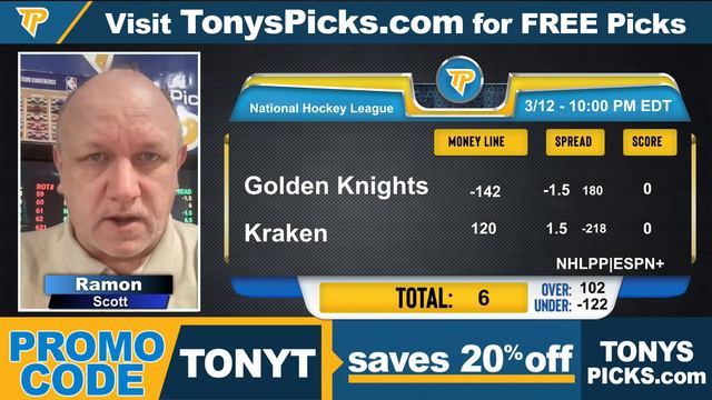 3 FREE NHL Picks and Predictions on NHL Betting Tips by Ramon Scott, Tuesday 3/12/2024