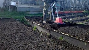электрокультиватор-мини в работе. заделываем навоз в землю.
