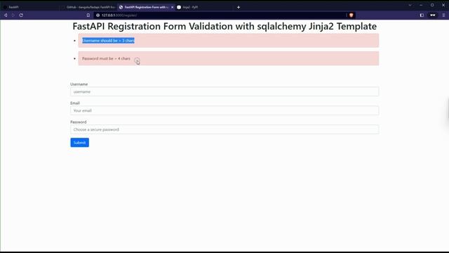 FastAPI Registration Form Validation with sqlalchemy Jinja2 Template смотреть онлайн