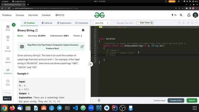 Given a binary string, count number of substrings that start and end with 1 (Binary String) | Java