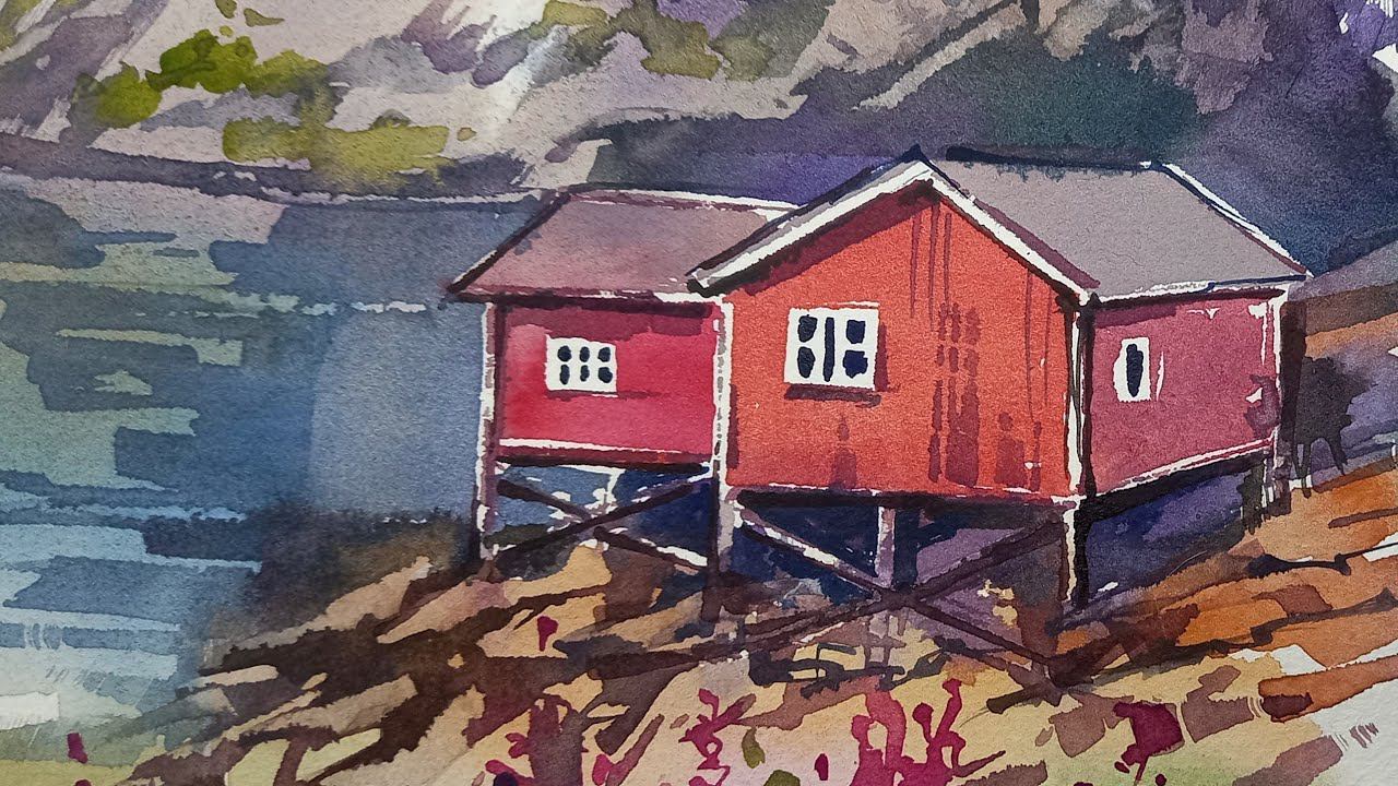 Северный сюжет акварелью, подробный мастер-класс смотреть онлайн