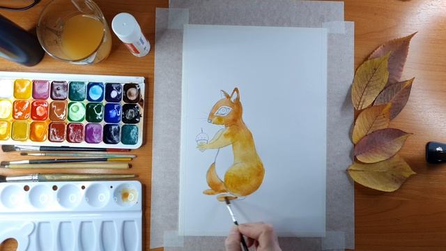 Бельчонок акварелью и аппликацией из листьев смотреть онлайн