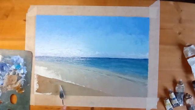 Пишем маслом красивую картину с морем и чайками.
