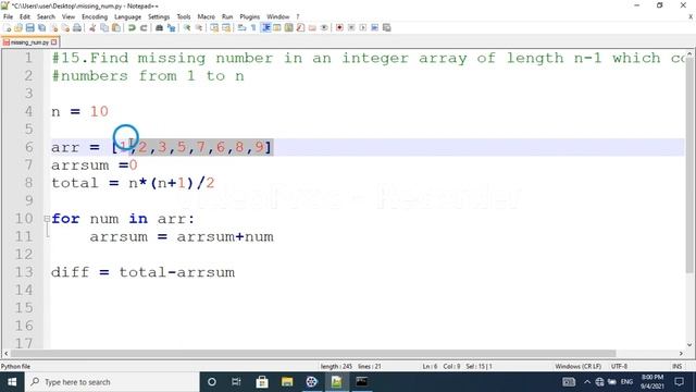 program to find missing number in  array| Python Interview questions | python for beginners |python