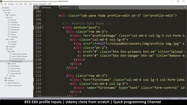 #33 Profile edit inputs | Udemy clone from scratch in php | Quick programming tutorial