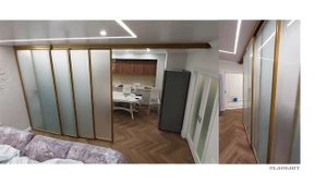 Перегородка для зонирования гостинной и кухни. Каскадное открывание. Компания GlassART, г. Казань.