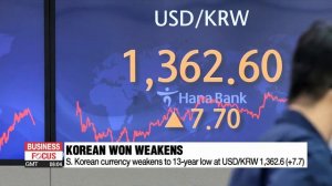 S. Korean currency weakens to 13-year low to USD/KRW 1,362.6