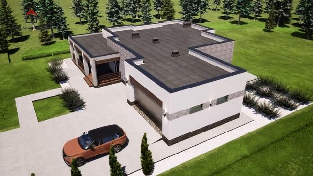 Одноэтажный дом с плоской крышей, террасой и гаражом на 2 машины / Проект К-215