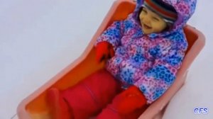 Дети катаются на санках.  Забавные дети зимой.